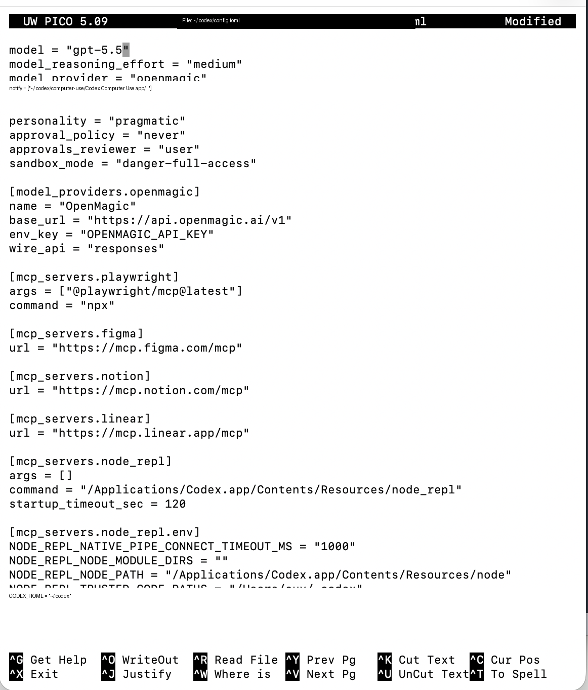 Codex config.toml nano screenshot